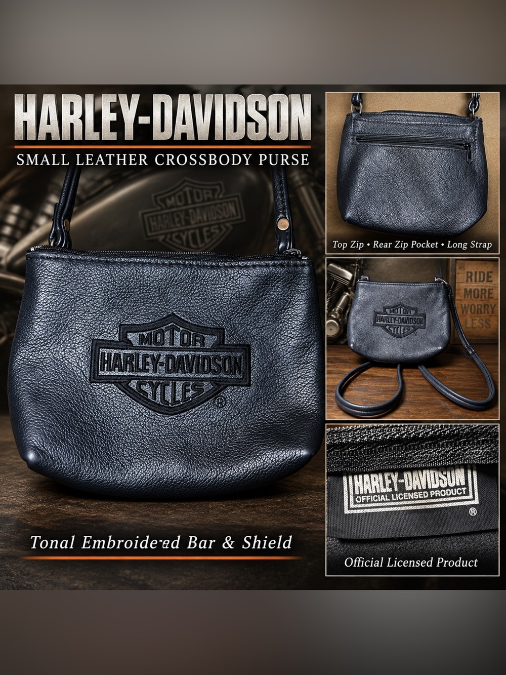 Harley-Davidson Black Leather Small Crossbody Bag with Embroidered Bar & Shield